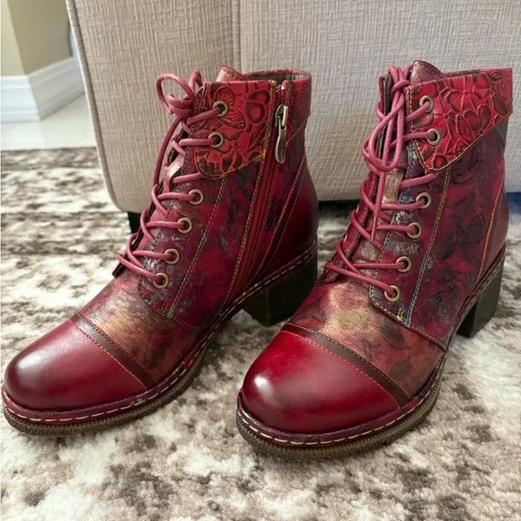 $178 L'Artiste by Spring Step Leather Lace-Up Boots NEW fallinluv Bordeaux 38/8 - Picture 3 of 8